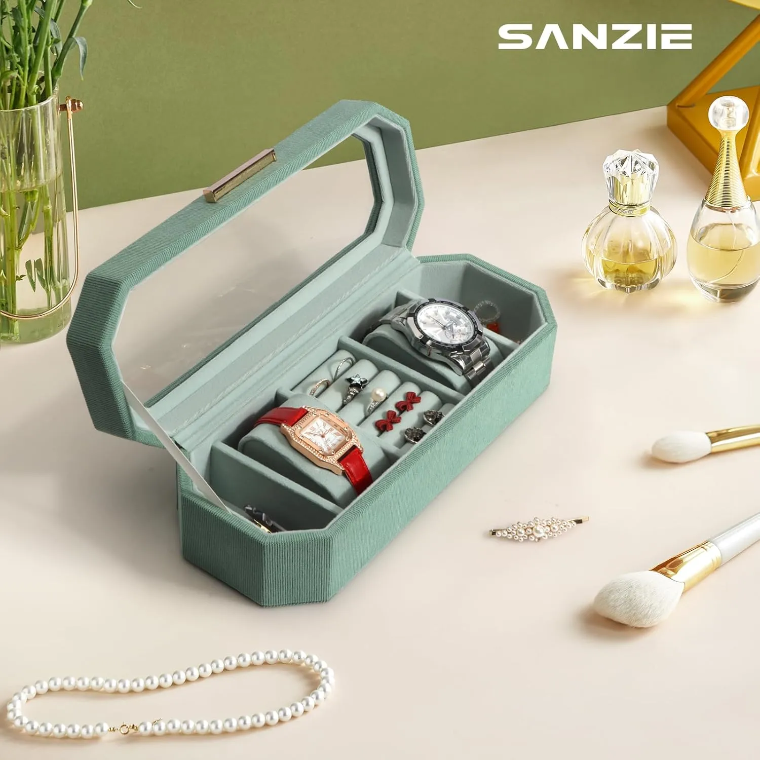 Women & Watch bacon expect tranquil coarse composition Case Display Watch Box Organizer Jewelry Organizers and Storage for Earrings Rings Necklaces Bracelets Watches (Green) SANZIE Jewelry Box for 