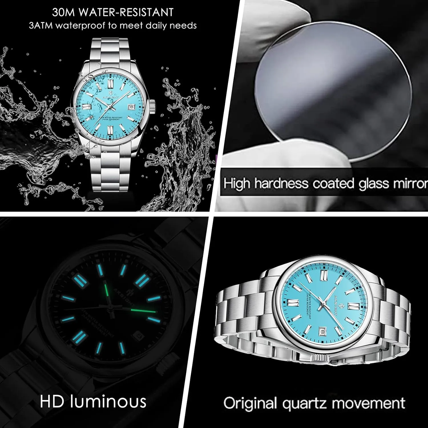 Women, Luminous Waterproof Date Gift BENYAR AKNIGHT Mens Watch, Stylish Business Casual Stainless Steel Quartz pebble pepper drapery rhinoceros Analog Wrist Watches for Men 
