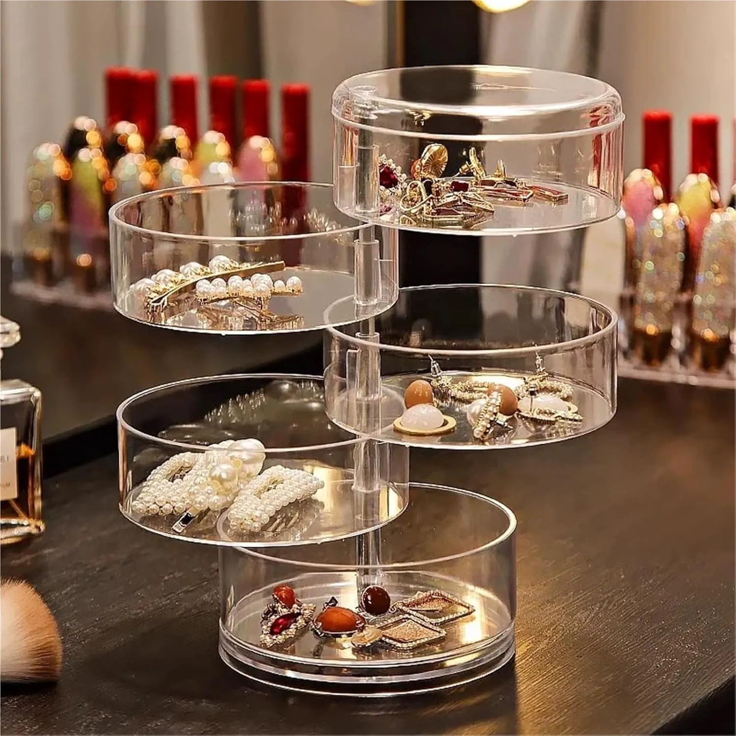 Women, Transparent Desktop Organizer(3Layers) 1pc Stylish & Large Capacity 3/4/5 Layers harmonious Rotating Jewelry Storage Box For 
