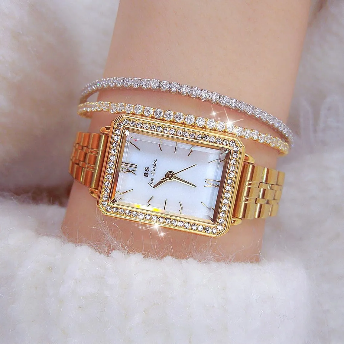Women Watches Classic Luxury Elegant Crystal Bling Rhinestone Case Bezel radar Pearl Dial Waterproof Alloy Steel Rectanglar Quartz Analog Casual Dress Business Bracelet CARLIEN 