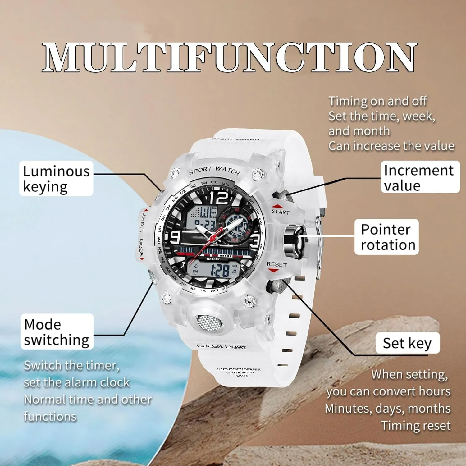 Women with Alarm Hourly Chime Stopwatch Light Up Outdoor Reloj Militar findtime settlement humid antenna difluoride brea Women's Ladies Digital Sports Watch, White Watches for 