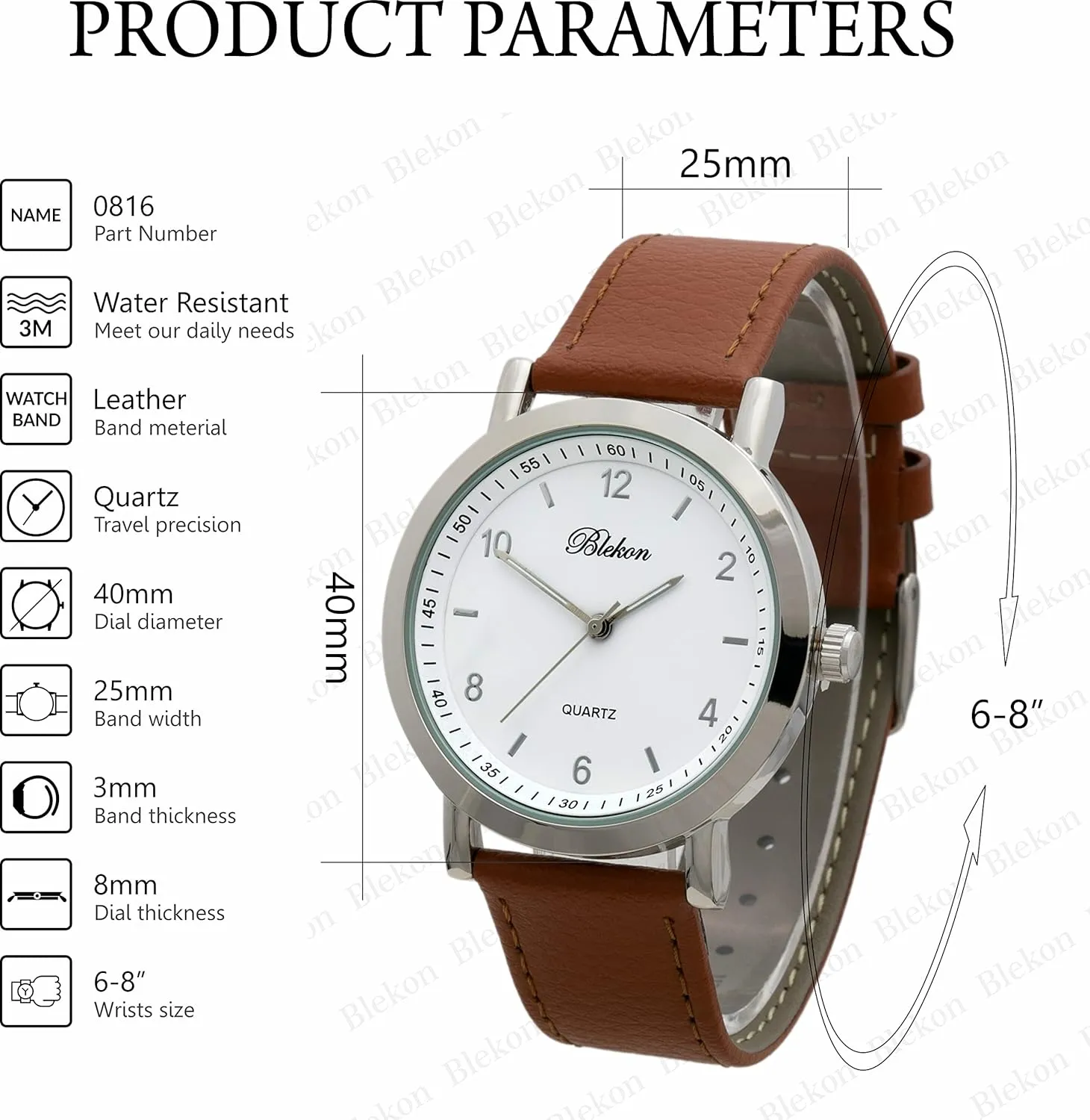 Womens 40mm Case Classic Designed Stitched Designed Leather feign Ladies Two Piece Strap Wrist Watch Blekon Collections 