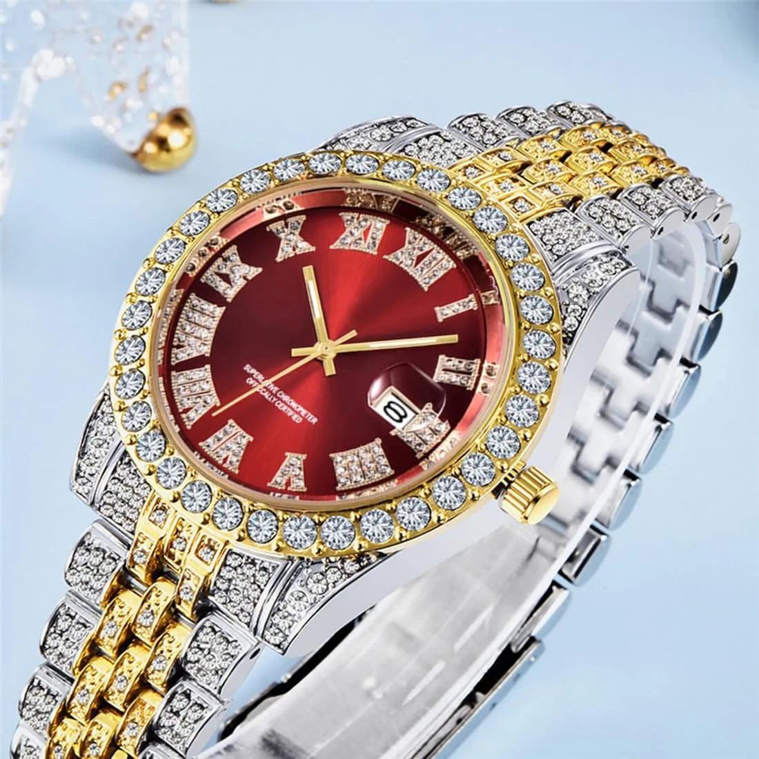 Womens Diamond Watches Luxury Stainless Steel protect Iced-Out Bracele Watch SENRUD Unisex Crystal Watch Mens Or 