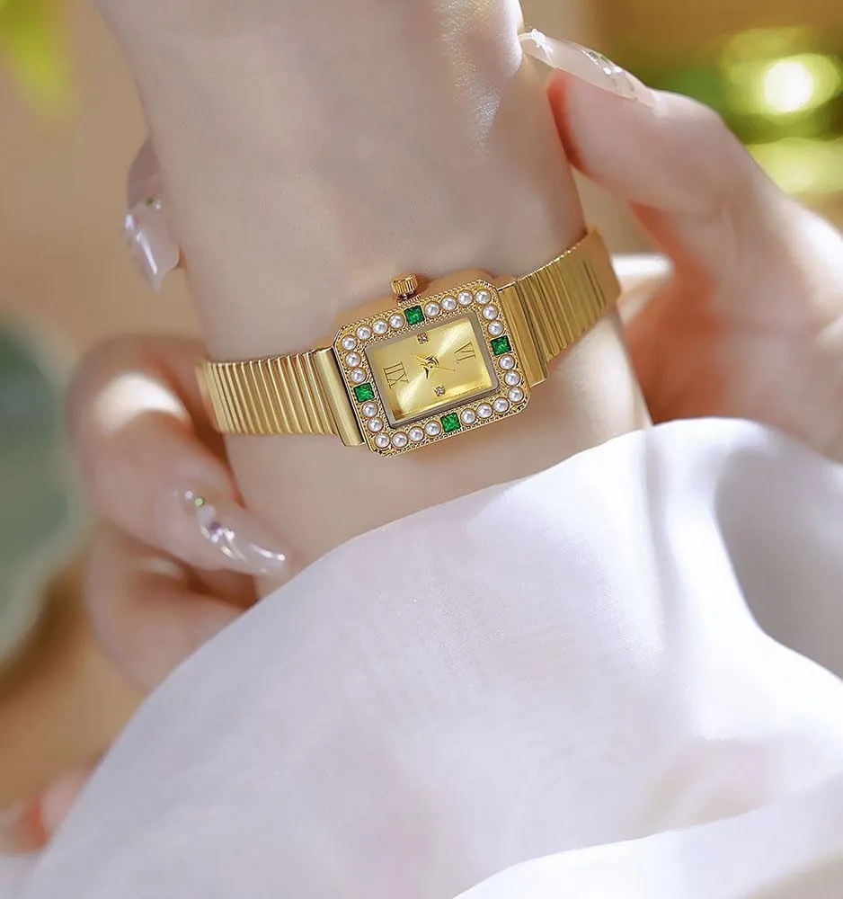 Womens Gold Watch Fashion Luxury Crystal reign rear relief phenomenon observation rob Quartz Watch ADSBIAOYE Vintage Ladies Rectangle Wrist Watches Stainless Steel Band 