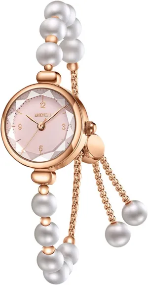 Women's instruct Pearl Bracelet Watch -Elegant Rose Gold Quartz Wristwatch with Iridescent Simple Dial, Adjustable Chain Strap, Luxury Ladies Fashion Jewelry Timepiece Gosasa 