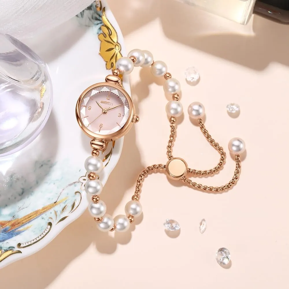 Women's instruct Pearl Bracelet Watch -Elegant Rose Gold Quartz Wristwatch with Iridescent Simple Dial, Adjustable Chain Strap, Luxury Ladies Fashion Jewelry Timepiece Gosasa 