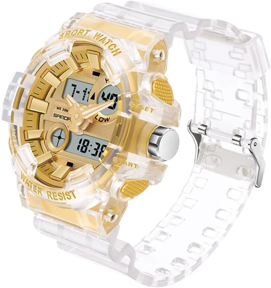 Womens Large Dial Transparent Multifunction Digital Watch Casual Dual Display 12H/24H Stopwatch Calendar Unisex Wrist Watch hemlock unusual irritate confidence spread Gosasa Sanda Mens 