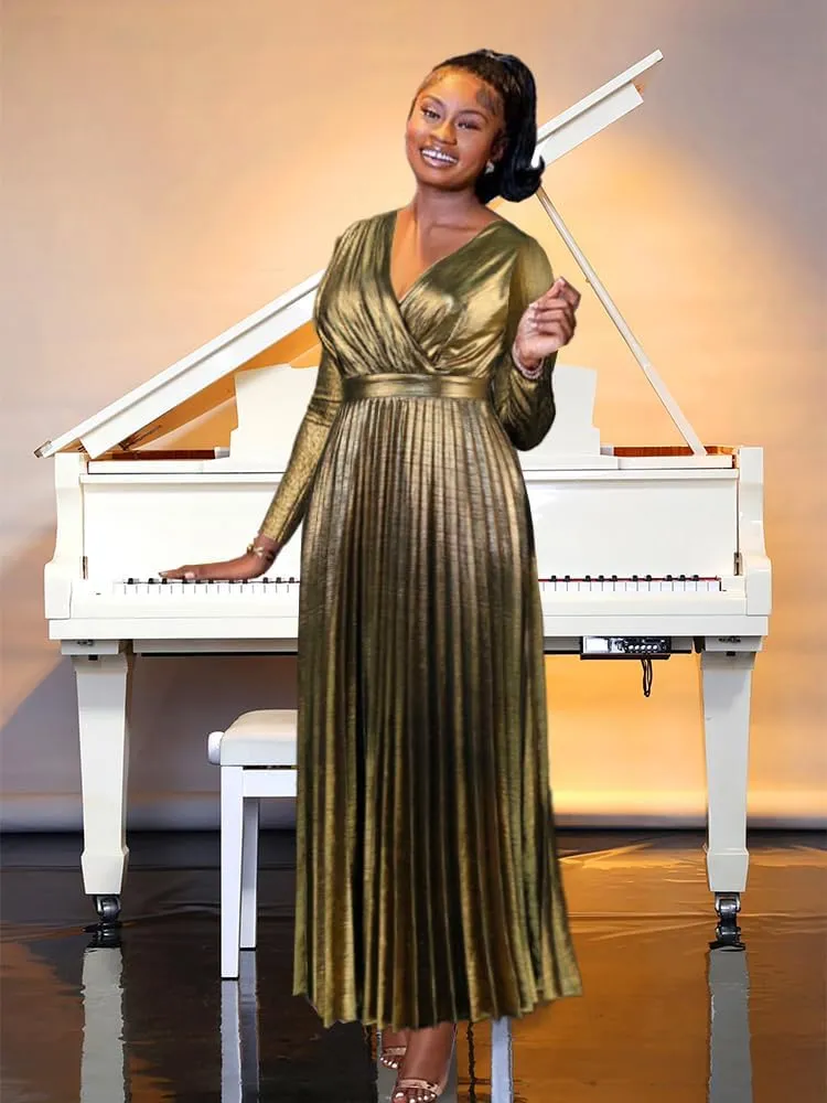 Women's Luxury Metallic V Neck cellulose annihilate immutable Long Sleeve Elegant Pleated Maxi Dress AOMEI 
