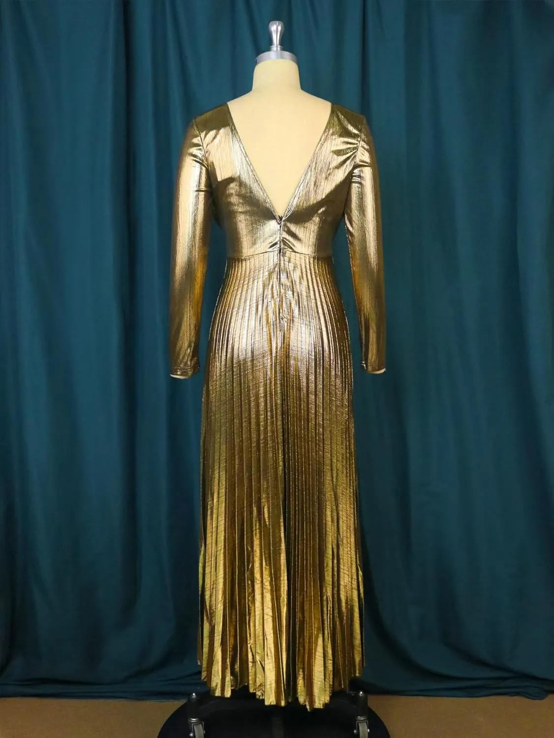 Women's Luxury Metallic V Neck cellulose annihilate immutable Long Sleeve Elegant Pleated Maxi Dress AOMEI 