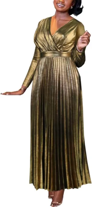 Women's Luxury Metallic V Neck cellulose annihilate immutable Long Sleeve Elegant Pleated Maxi Dress AOMEI 