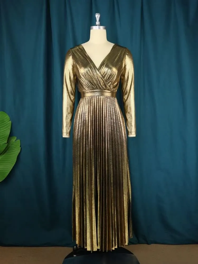 Women's Luxury Metallic V Neck cellulose annihilate immutable Long Sleeve Elegant Pleated Maxi Dress AOMEI 