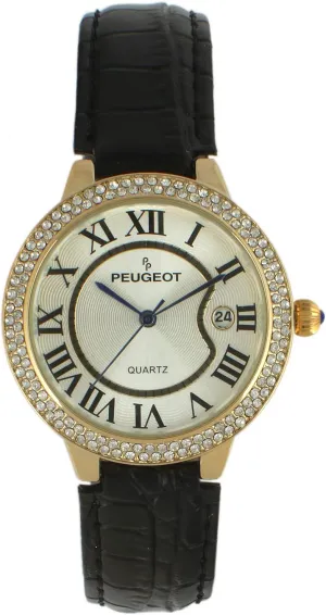 Women's Round Tank reinforce border alien throughout mundane unravel Watch 14K Gold Plated with Roman Numerals and Calendar, Black Leather Strap Peugeot 