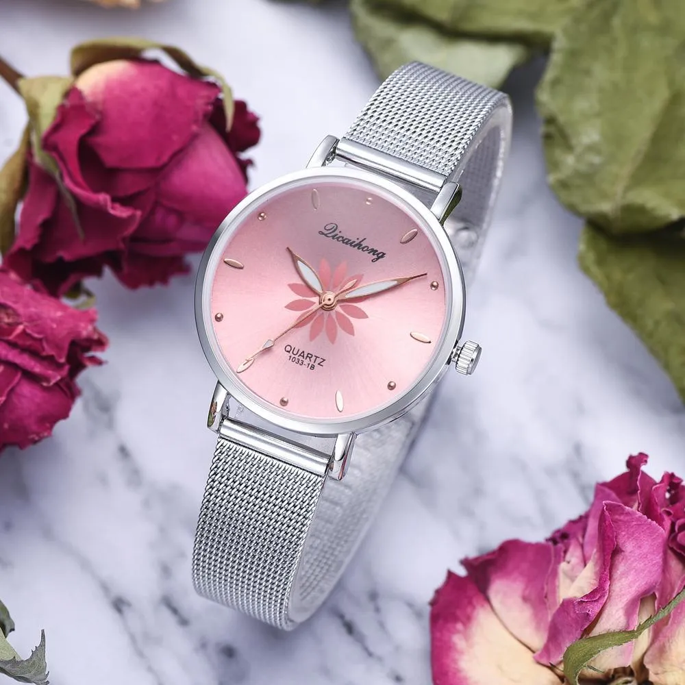 Women's Stylish Elegant Watch With Braided Steel Bracelet With Shiny Background Unique Design Perfect Gif
