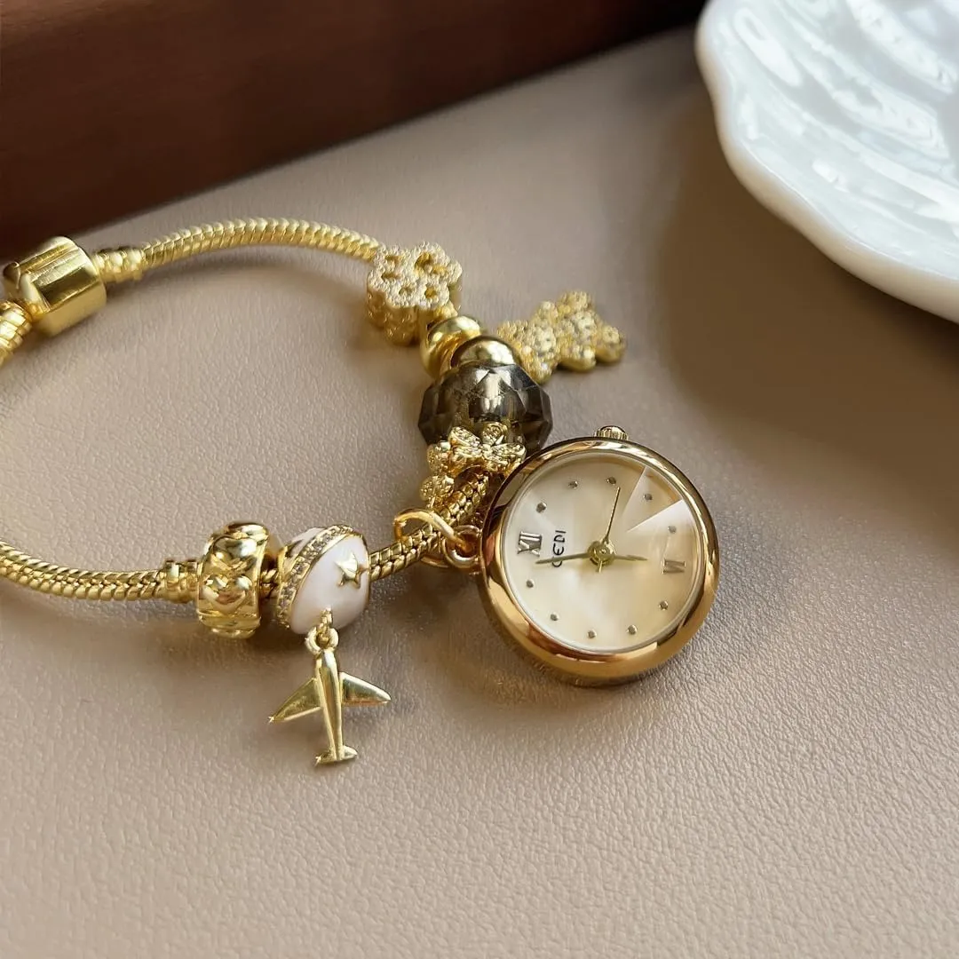Women's Stylish Premium Crystal Gold-Tone Charm Bracelet Quartz Watch Exquisite chronological DNA Jewelry Bangle Chain Wristwatch for Women CARLIEN 