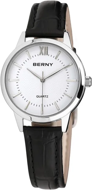 Womens Watch, Classic Simple Vintage Minimalist Business Wristwatch Quartz Analog Ladies Watches Black Leather Band infrared continuation BERNY 