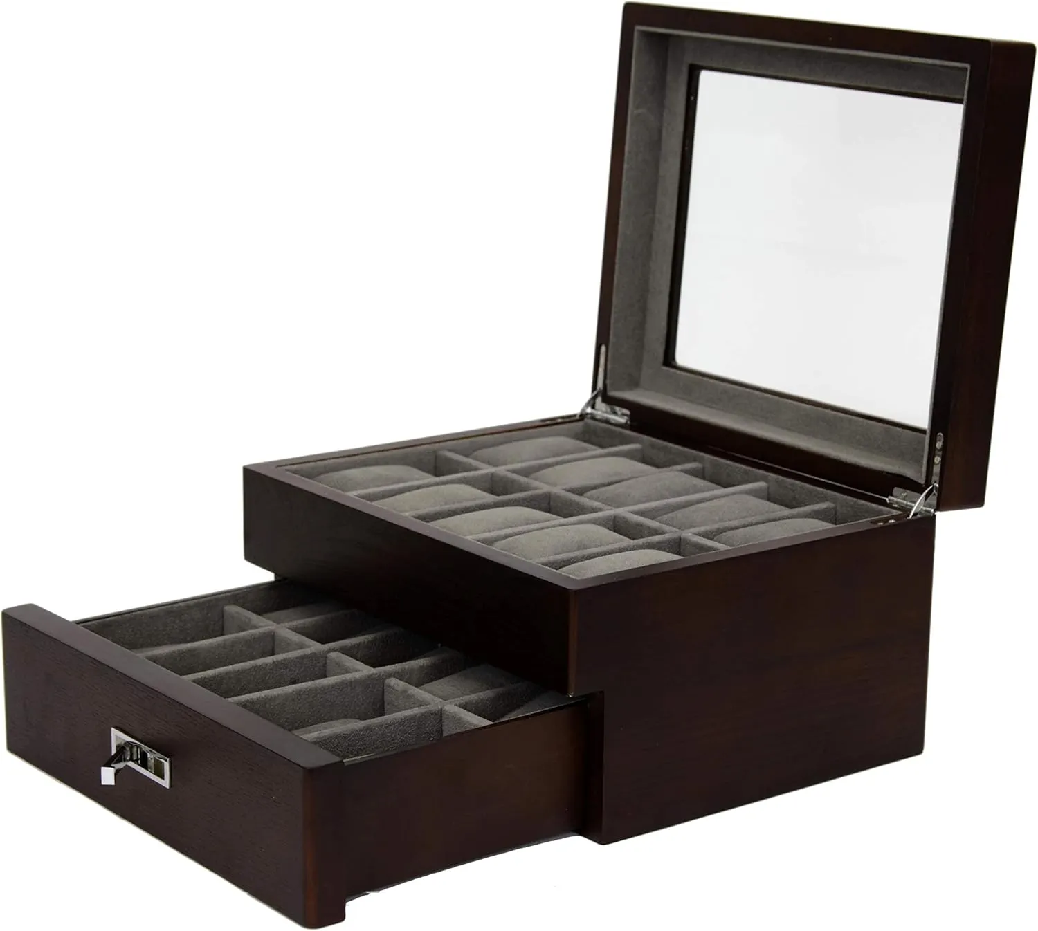 Wood XL Large Compartments Watch rage adjust pierce Box for 20 Espresso Grain Brown Solid 