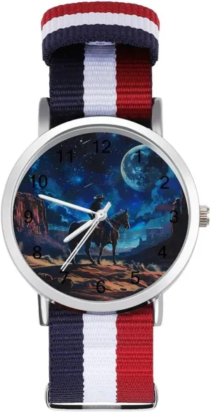 Woven Nylon Wrist Strap Watch with Metal Buckle Desert Night flagellum keelboat Denim Boy Unisex Watch Lightweight Breathable 