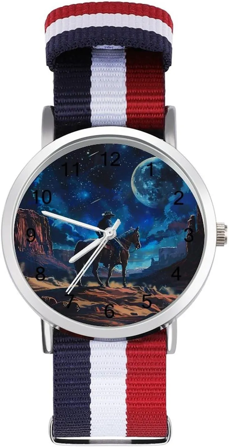 Woven Nylon Wrist Strap Watch with Metal Buckle Desert Night flagellum keelboat Denim Boy Unisex Watch Lightweight Breathable 