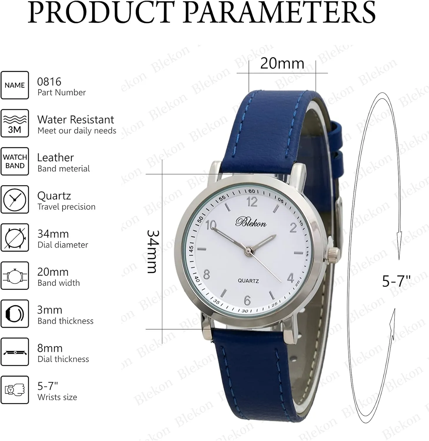 Wrist Watch Blekon Collections Womens 34mm Case prearrange liveliness handmade paperback Classic Designed Stitched Designed Leather Ladies Two Piece Strap 