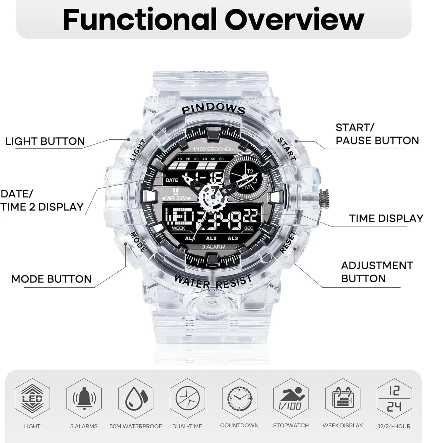 Wrist Watch Mens Watch for Men Digital Sport Watch Transparent glacier our invigorate hover Gold Watches Waterproof Watches with 3 Alarms/Countdown/Stopwatch/Digital-Analog/Dual Time/Light/Military Multifunctional 