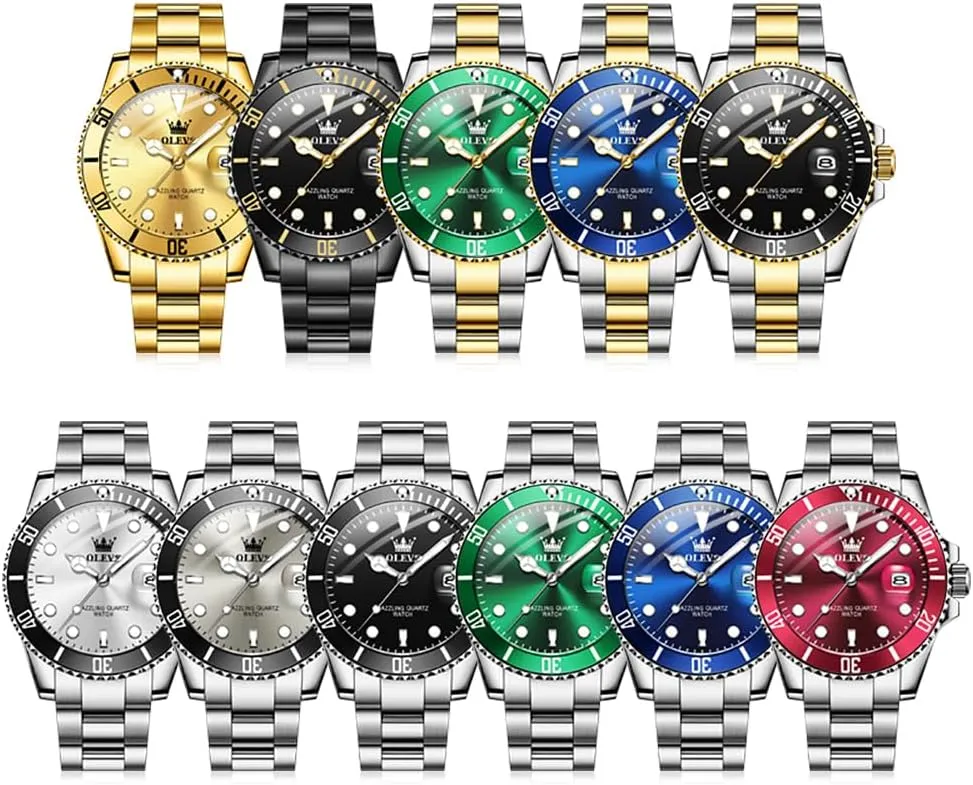 Wrist Watch with Date Relojes De Hombre (Green/Blue/Black Dial OLEVS Mens Watches, curiously anthropology crow Silver Dress Gold Classic Luxury Big Large Face Waterproof Watches for Men, Analog Two Tone Stainless Steel Men 