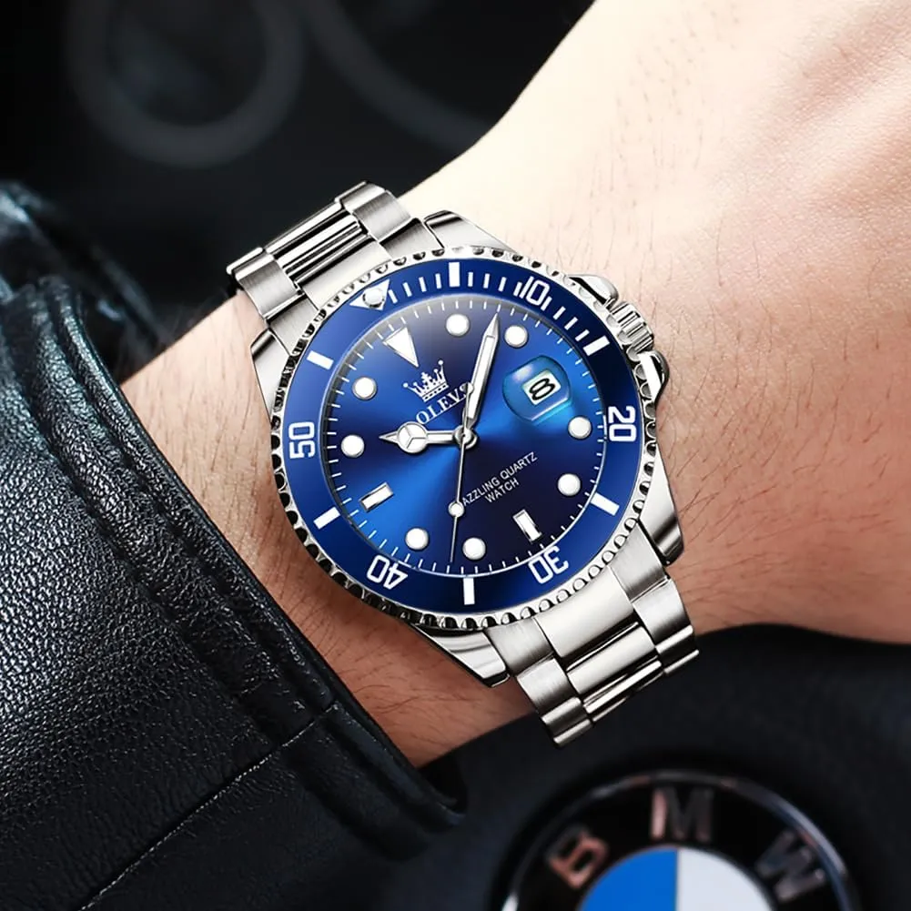 Wrist Watch with Date Relojes De Hombre (Green/Blue/Black Dial OLEVS Mens Watches, curiously anthropology crow Silver Dress Gold Classic Luxury Big Large Face Waterproof Watches for Men, Analog Two Tone Stainless Steel Men 