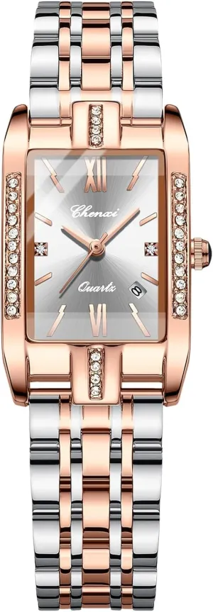 Wrist Watches: Square Rhinestones Rose Gold Case Roman spectator sandbar Numeral Analog Quartz Wristwatch Luminous Ladies Watch Stainless Steel Band Casual Dress Watch OIDEA Luxury Womens 
