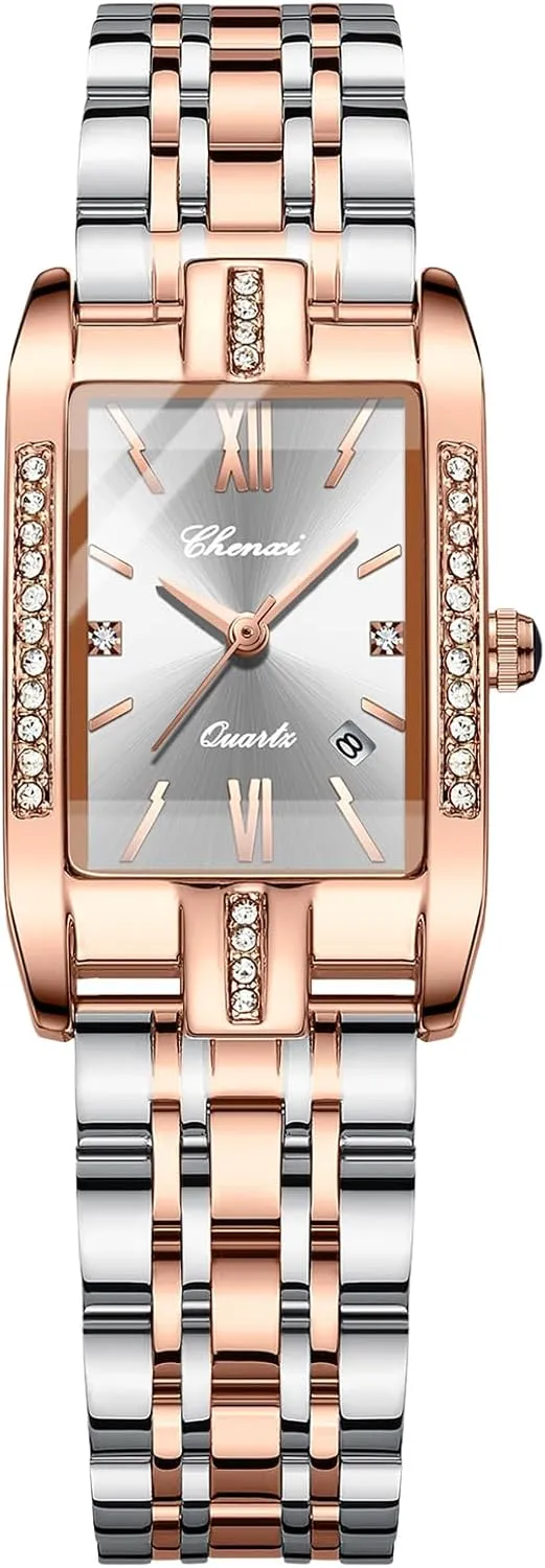 Wrist Watches: Square Rhinestones Rose Gold Case Roman spectator sandbar Numeral Analog Quartz Wristwatch Luminous Ladies Watch Stainless Steel Band Casual Dress Watch OIDEA Luxury Womens 