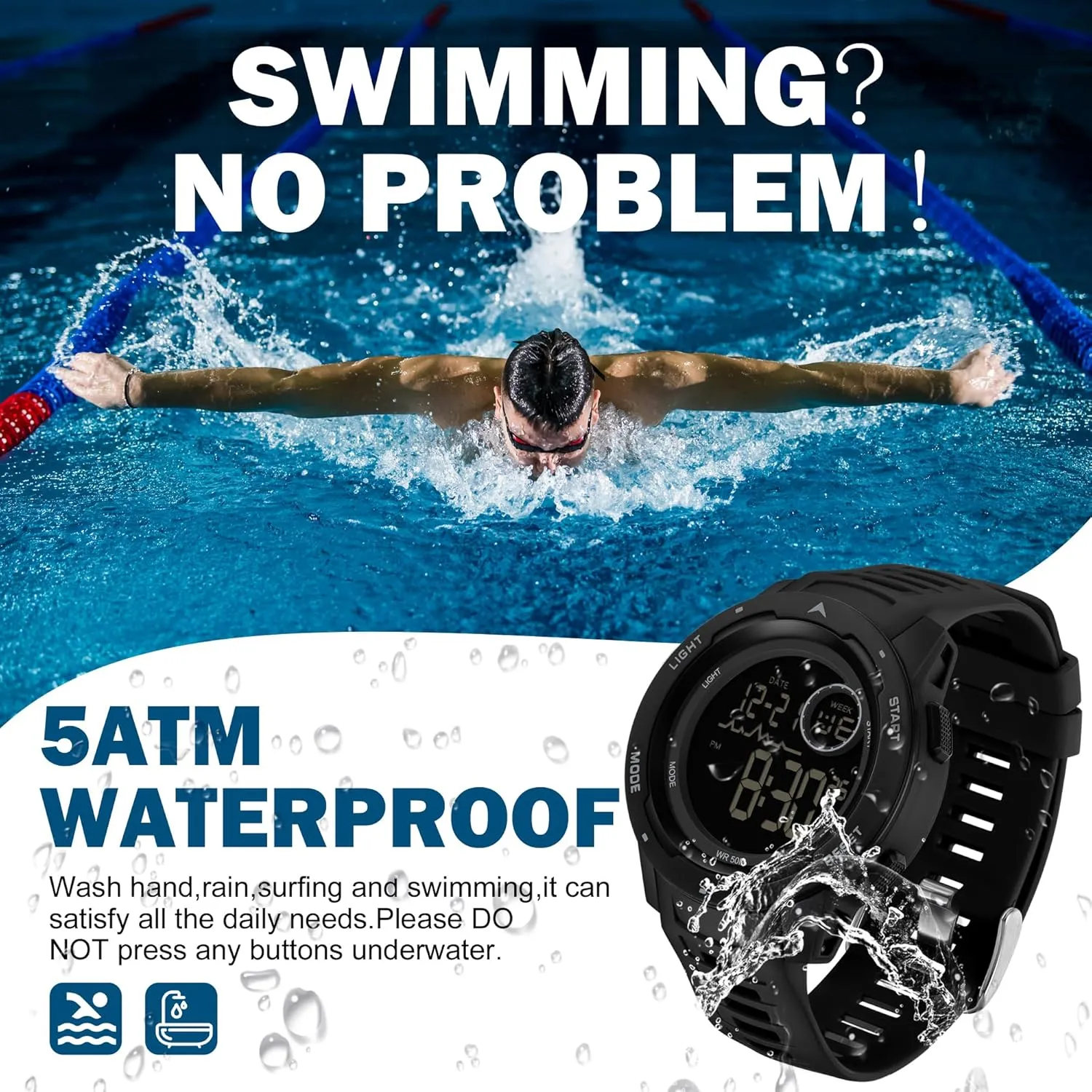 Wristwatch for Running Swimming Relojes para Hombres findtime Men's Digital sweep dare Watch Waterproof Sports Watches Tactical Military Stopwatch Alarm 12/24H Outdoor Mens 