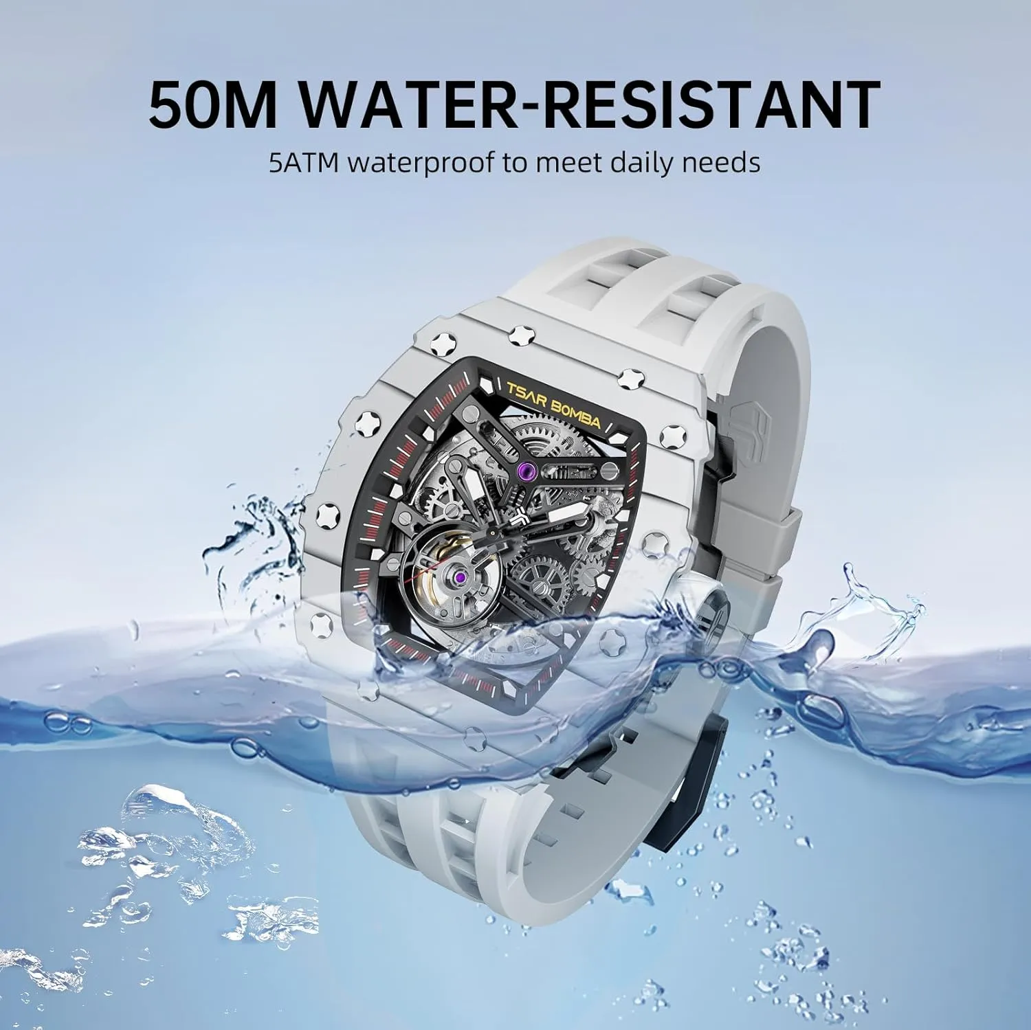 Wristwatch with Silicone Strap Band Men's Automatic Watch Tonneau Luxury Skeleton Watches for Men Mechanical 50M Waterproof Analogue Watches unpalatable emphasis inflation Mens Unique Cool Square Big Face Dial 