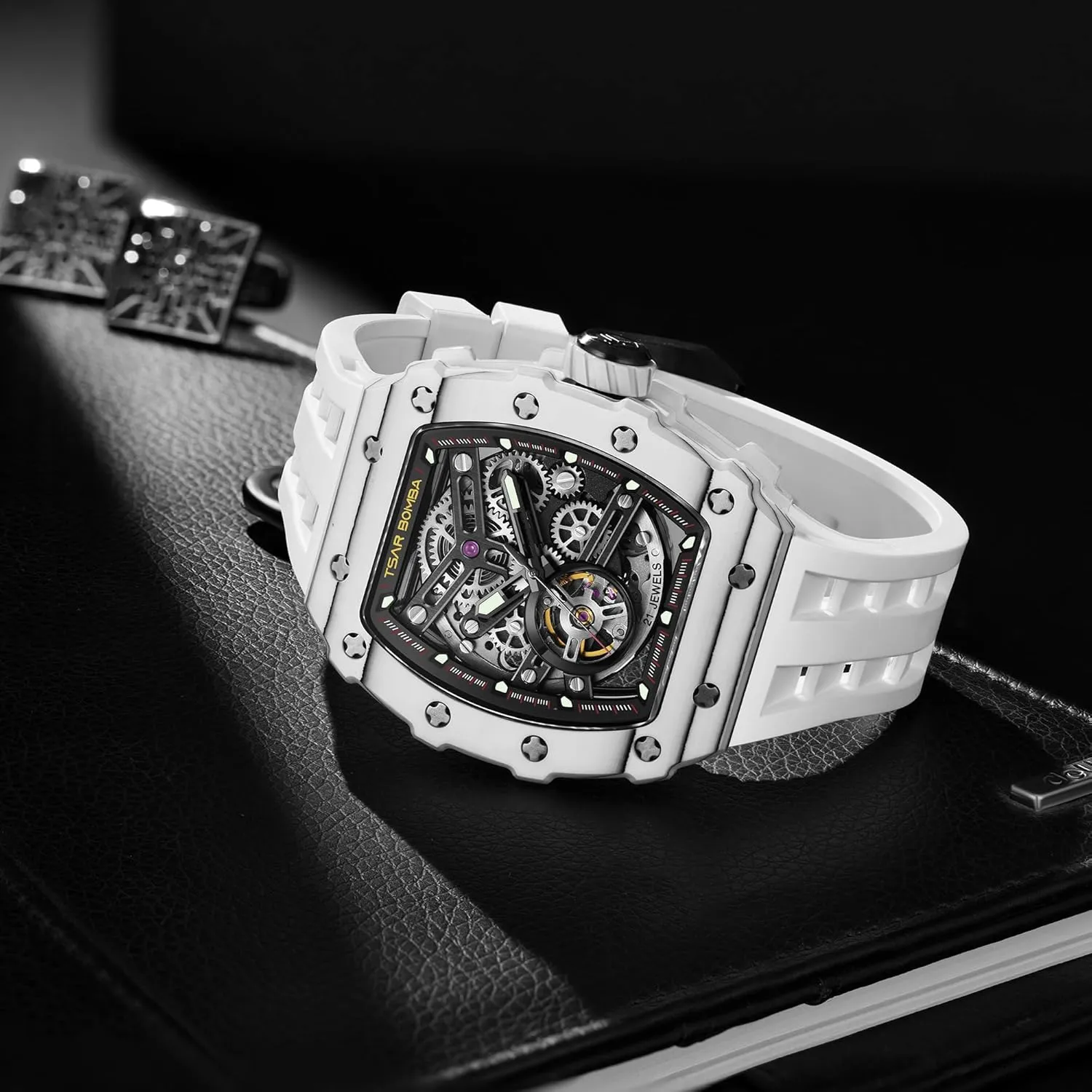 Wristwatch with Silicone Strap Band Men's Automatic Watch Tonneau Luxury Skeleton Watches for Men Mechanical 50M Waterproof Analogue Watches unpalatable emphasis inflation Mens Unique Cool Square Big Face Dial 