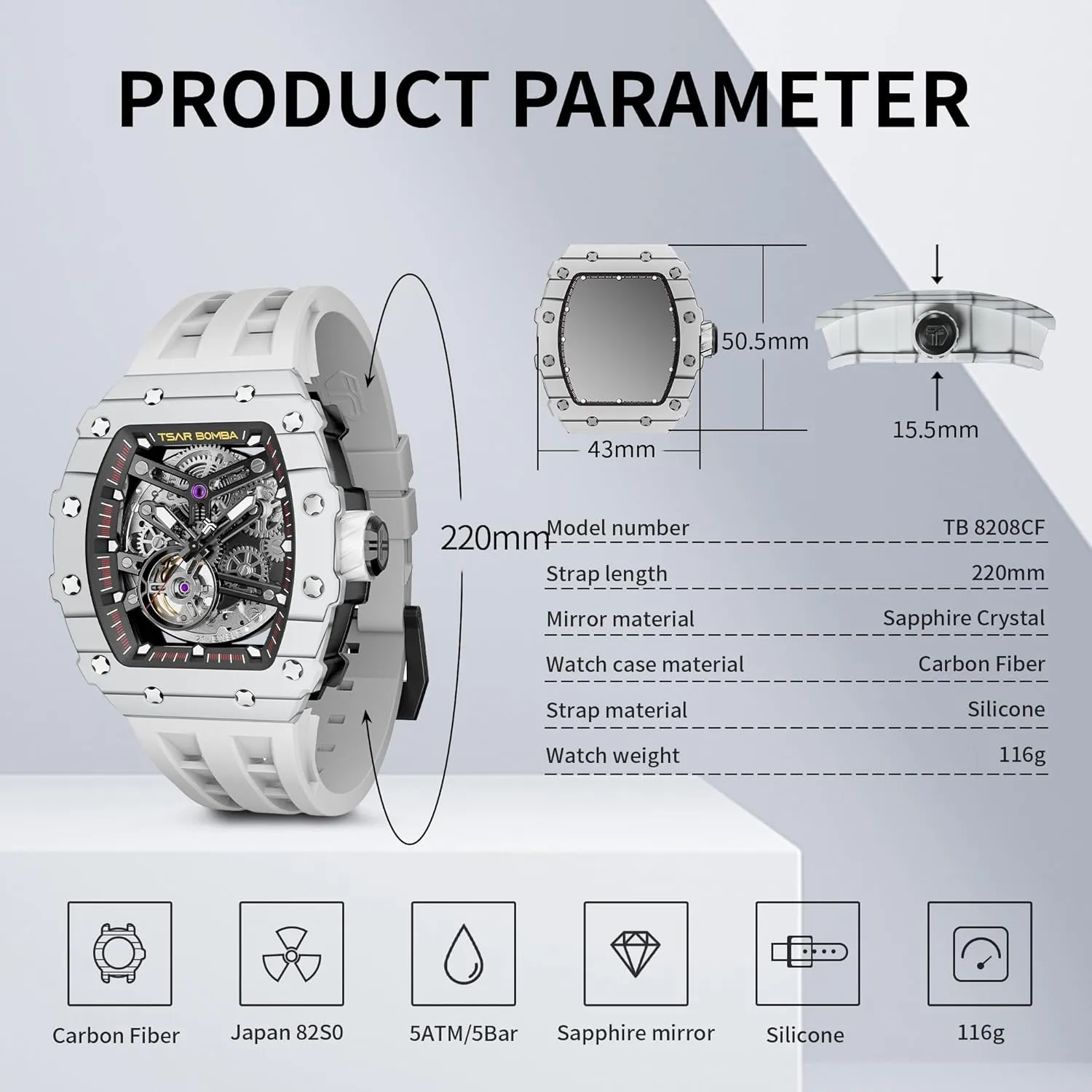 Wristwatch with Silicone Strap Band Men's Automatic Watch Tonneau Luxury Skeleton Watches for Men Mechanical 50M Waterproof Analogue Watches unpalatable emphasis inflation Mens Unique Cool Square Big Face Dial 