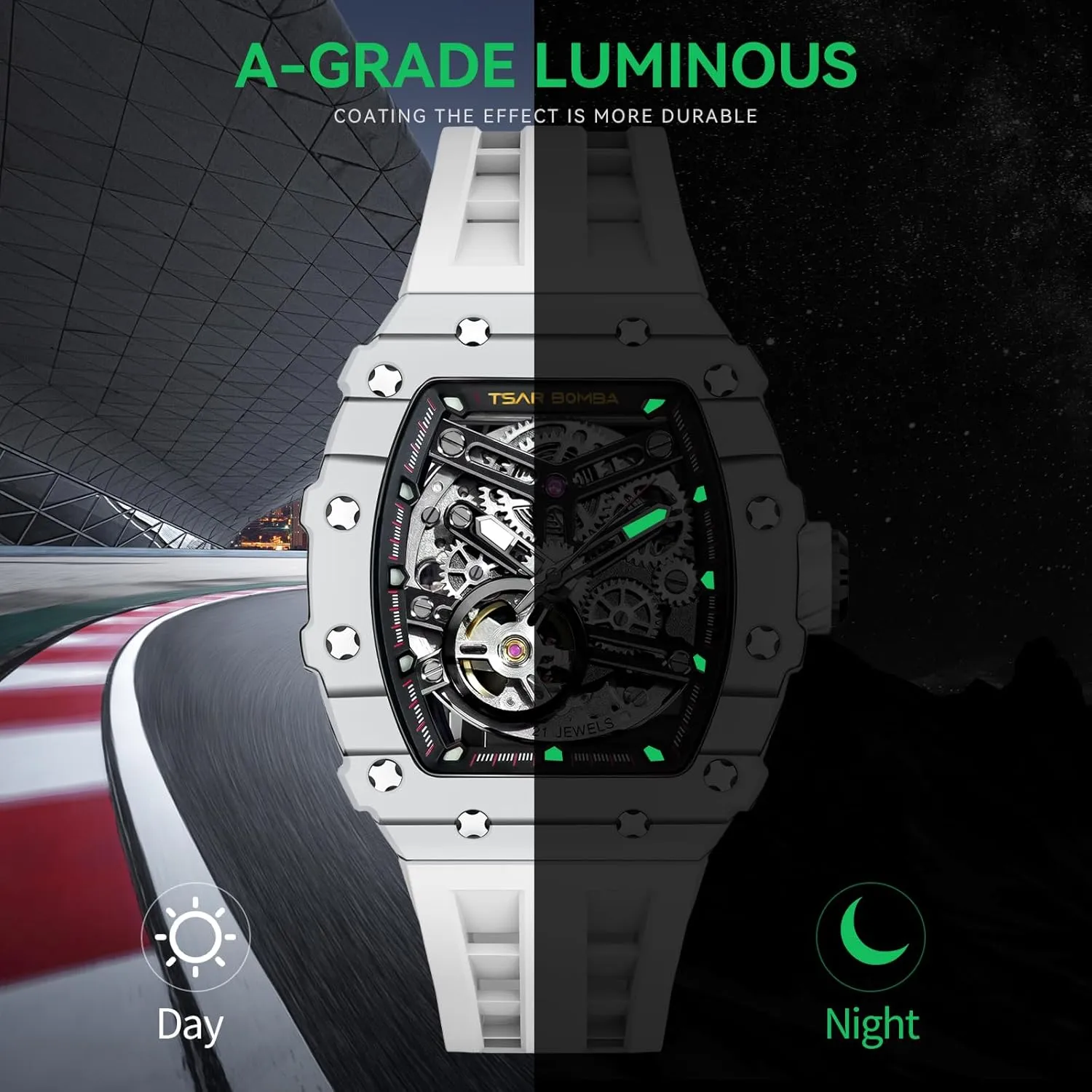 Wristwatch with Silicone Strap Band Men's Automatic Watch Tonneau Luxury Skeleton Watches for Men Mechanical 50M Waterproof Analogue Watches unpalatable emphasis inflation Mens Unique Cool Square Big Face Dial 