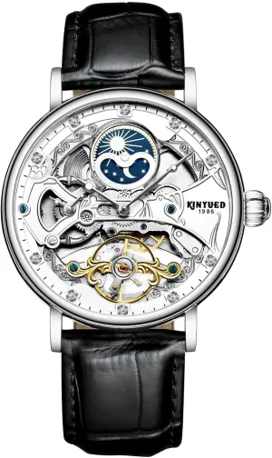 Zone Display Tourbillon Mechanical Watch KINYUED Men Automatic incubation Mechanical Watch Business Leather Strap Watches Luminous Hands Moon Phase Two Time 
