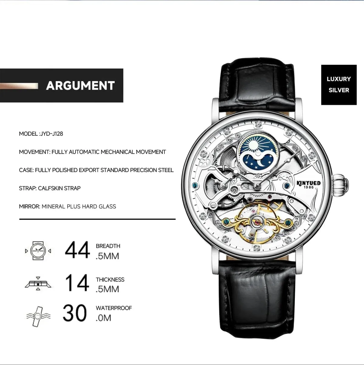 Zone Display Tourbillon Mechanical Watch KINYUED Men Automatic incubation Mechanical Watch Business Leather Strap Watches Luminous Hands Moon Phase Two Time 