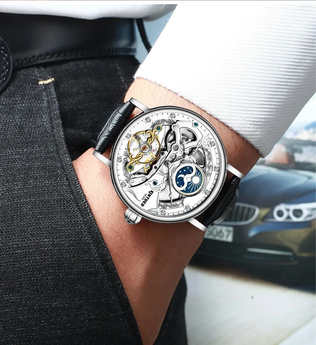 Zone Display Tourbillon Mechanical Watch KINYUED Men Automatic incubation Mechanical Watch Business Leather Strap Watches Luminous Hands Moon Phase Two Time 