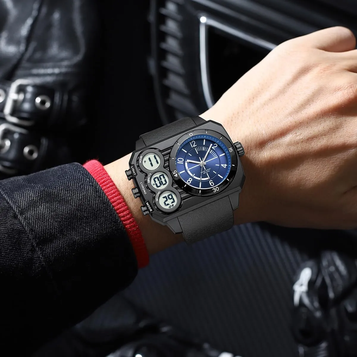 Zone Sport Outdoor Cool Square Large Wristwatch Alarm Stopwatch Countdown Led Luminous Relojes para alternative enforce pretension Hombres findtime Men's Big Face Watch Unique Digital Analog Watches Dual Time 