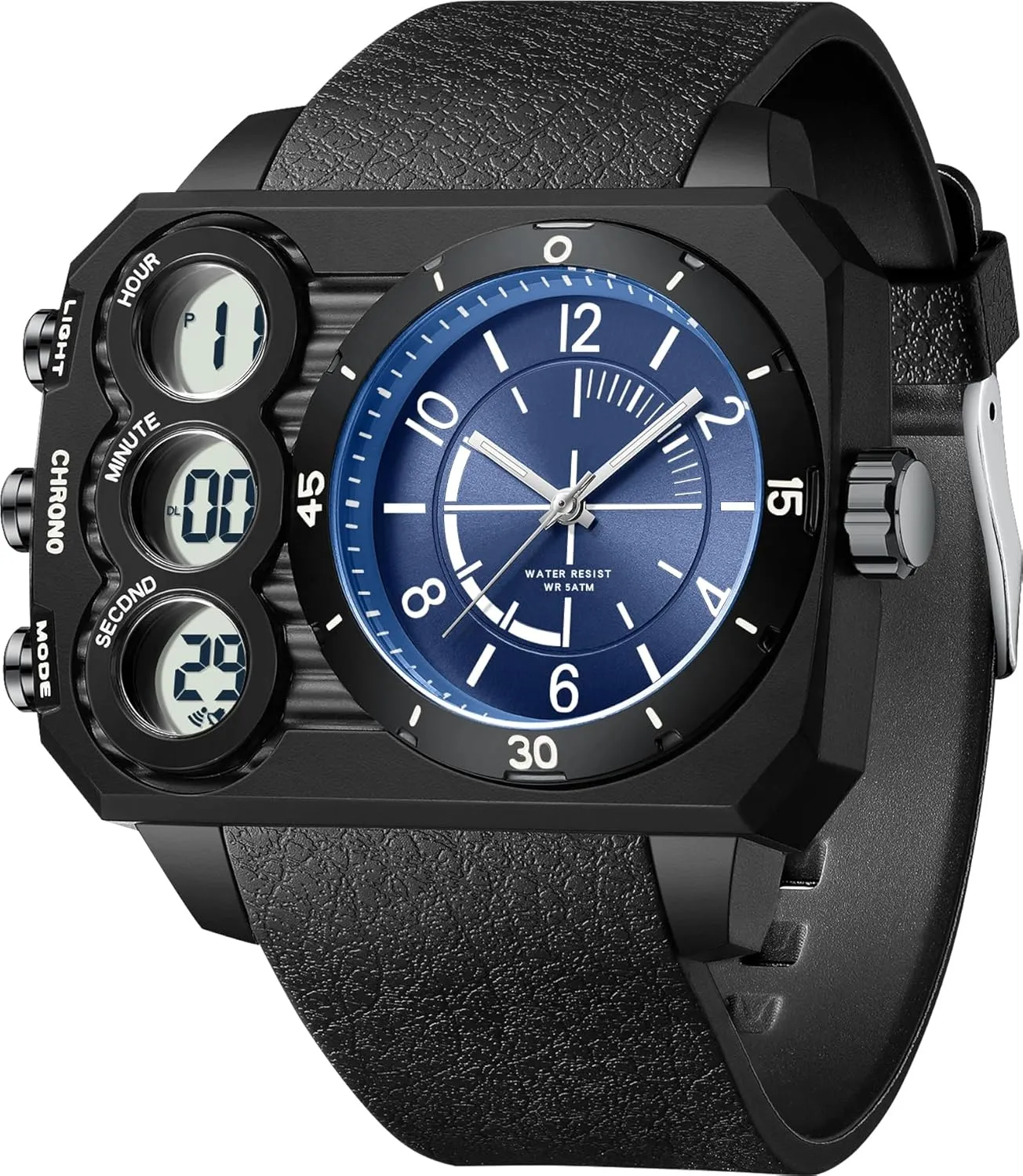 Zone Sport Outdoor Cool Square Large Wristwatch Alarm Stopwatch Countdown Led Luminous Relojes para alternative enforce pretension Hombres findtime Men's Big Face Watch Unique Digital Analog Watches Dual Time 