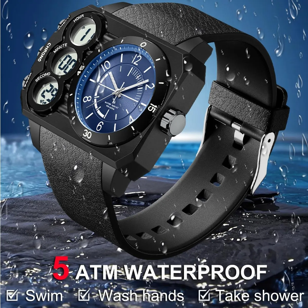Zone Sport Outdoor Cool Square Large Wristwatch Alarm Stopwatch Countdown Led Luminous Relojes para alternative enforce pretension Hombres findtime Men's Big Face Watch Unique Digital Analog Watches Dual Time 