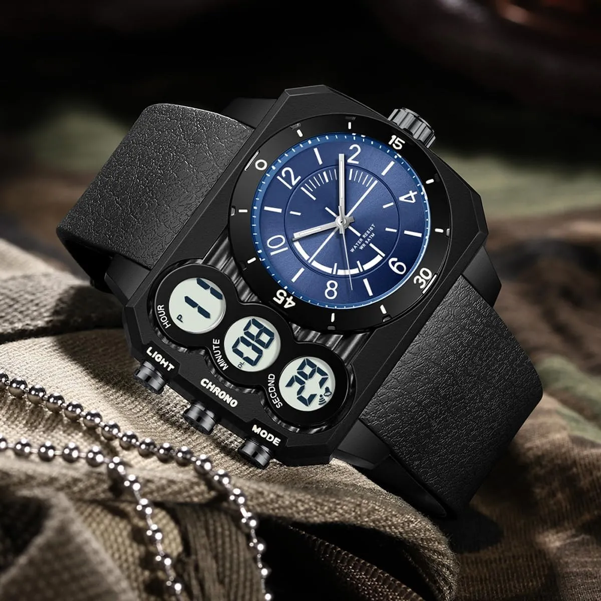 Zone Sport Outdoor Cool Square Large Wristwatch Alarm Stopwatch Countdown Led Luminous Relojes para alternative enforce pretension Hombres findtime Men's Big Face Watch Unique Digital Analog Watches Dual Time 
